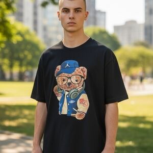 Jordan Bear Graphic Cotton Black Men's T-Shirt Size L Short Sleeve Crew Neck